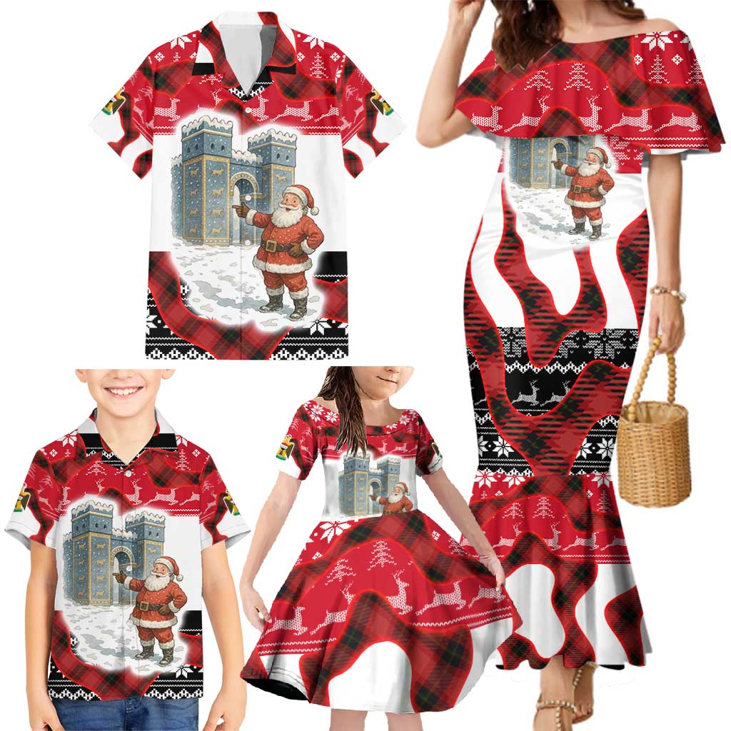 Iraq Christmas Family Matching Mermaid Dress and Hawaiian Shirt with Santa Ishtar Gate Red Plaid and Snowflake Reindeer Pattern - Wonder Print Shop