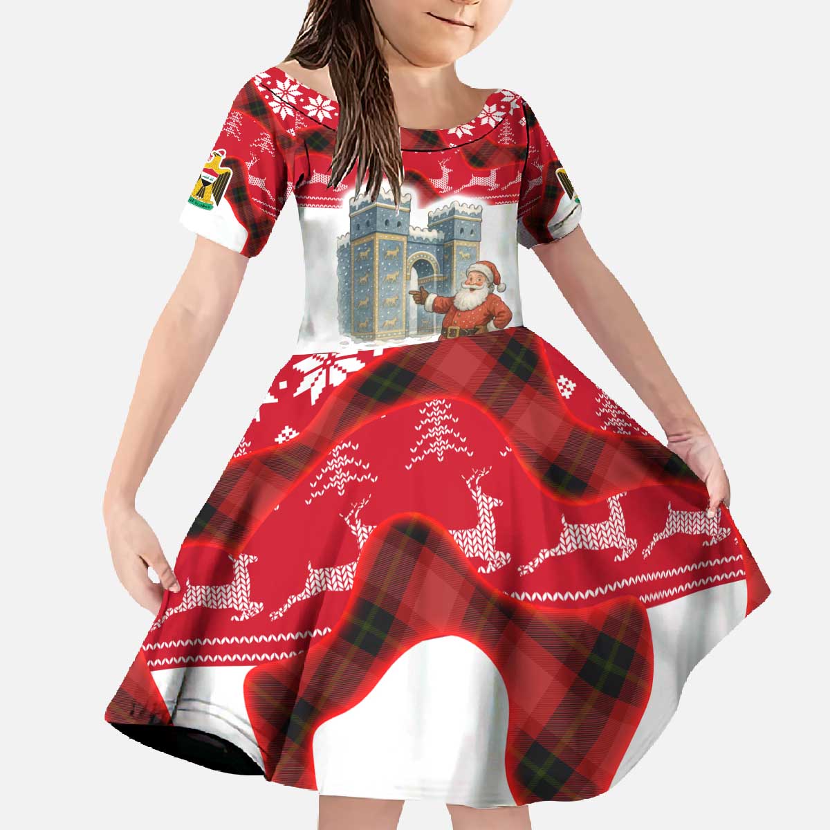 Iraq Christmas Family Matching Off The Shoulder Long Sleeve Dress and Hawaiian Shirt with Santa Ishtar Gate Red Plaid and Snowflake Reindeer Pattern - Wonder Print Shop