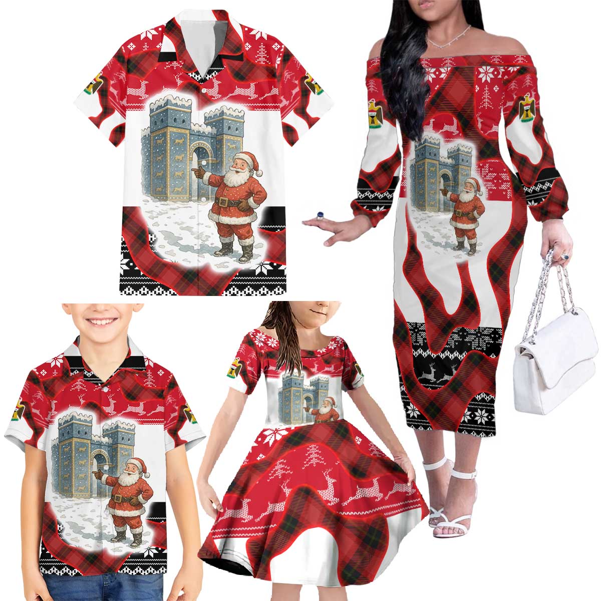 Iraq Christmas Family Matching Off The Shoulder Long Sleeve Dress and Hawaiian Shirt with Santa Ishtar Gate Red Plaid and Snowflake Reindeer Pattern - Wonder Print Shop