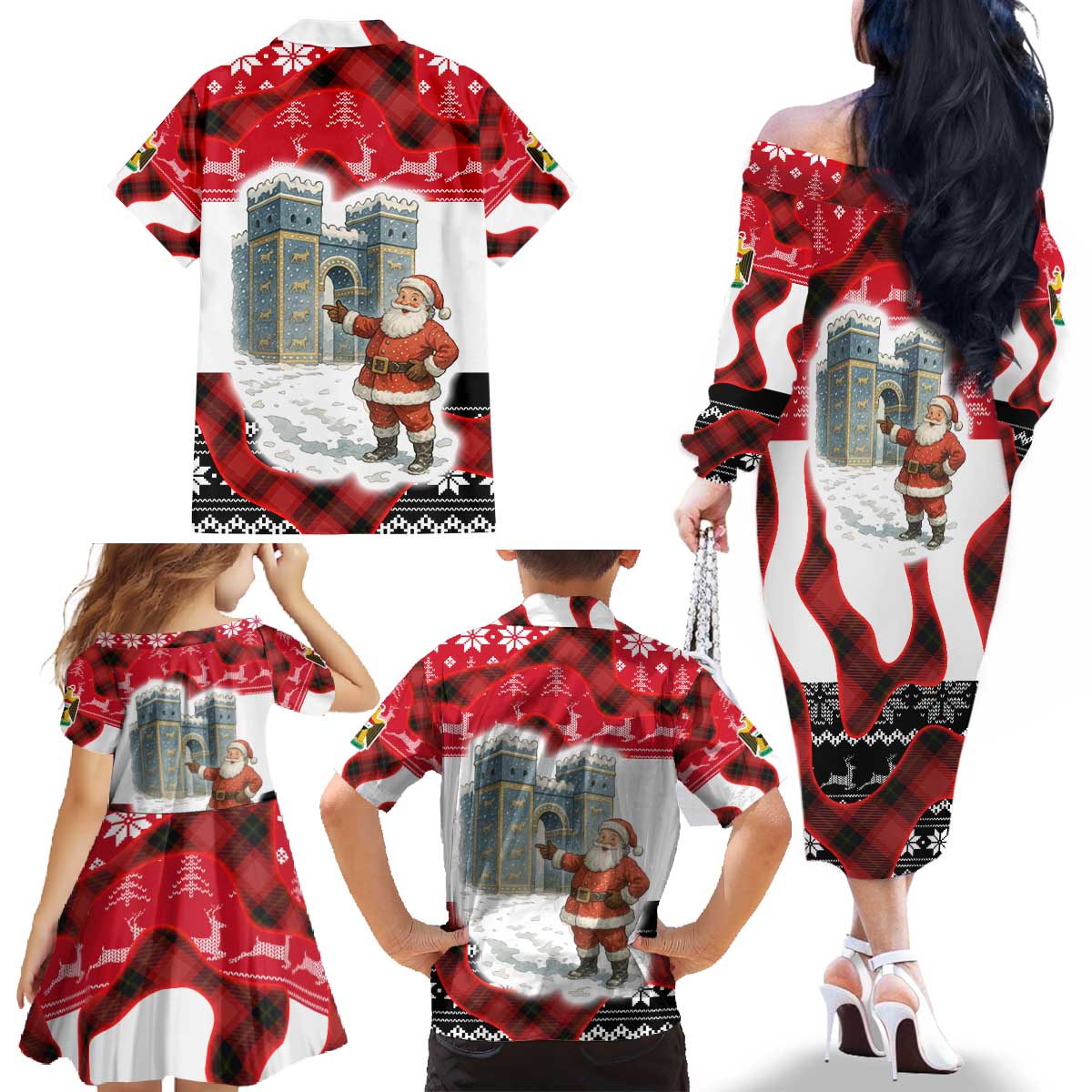 Iraq Christmas Family Matching Off The Shoulder Long Sleeve Dress and Hawaiian Shirt with Santa Ishtar Gate Red Plaid and Snowflake Reindeer Pattern - Wonder Print Shop