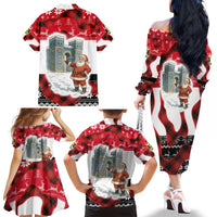 Iraq Christmas Family Matching Off The Shoulder Long Sleeve Dress and Hawaiian Shirt with Santa Ishtar Gate Red Plaid and Snowflake Reindeer Pattern - Wonder Print Shop