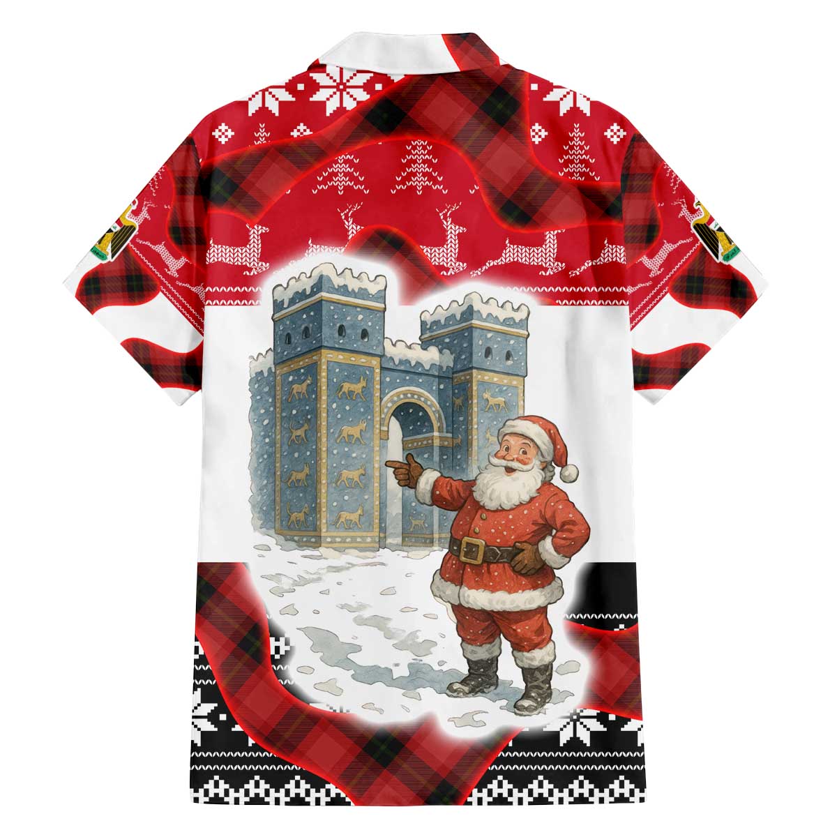 Iraq Christmas Family Matching Off The Shoulder Long Sleeve Dress and Hawaiian Shirt with Santa Ishtar Gate Red Plaid and Snowflake Reindeer Pattern - Wonder Print Shop