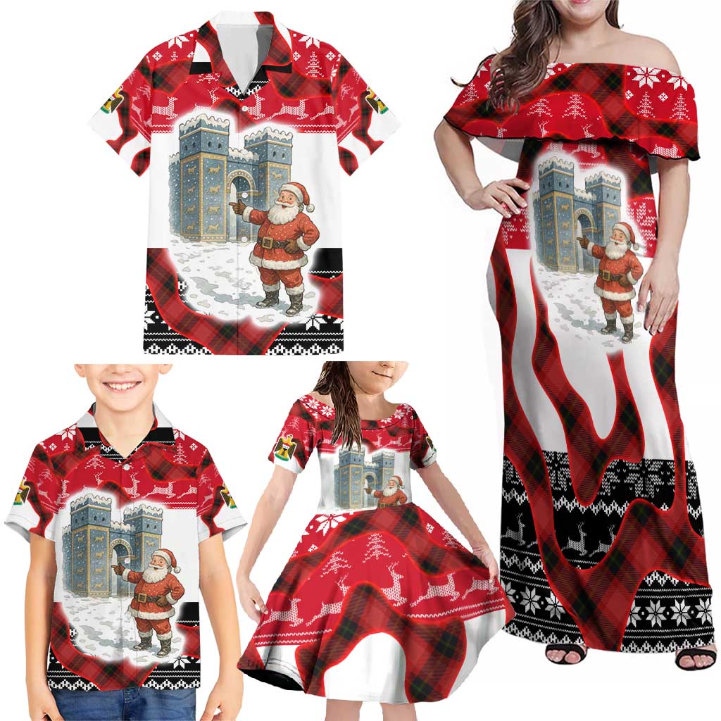 Iraq Christmas Family Matching Off Shoulder Maxi Dress and Hawaiian Shirt with Santa Ishtar Gate Red Plaid and Snowflake Reindeer Pattern - Wonder Print Shop