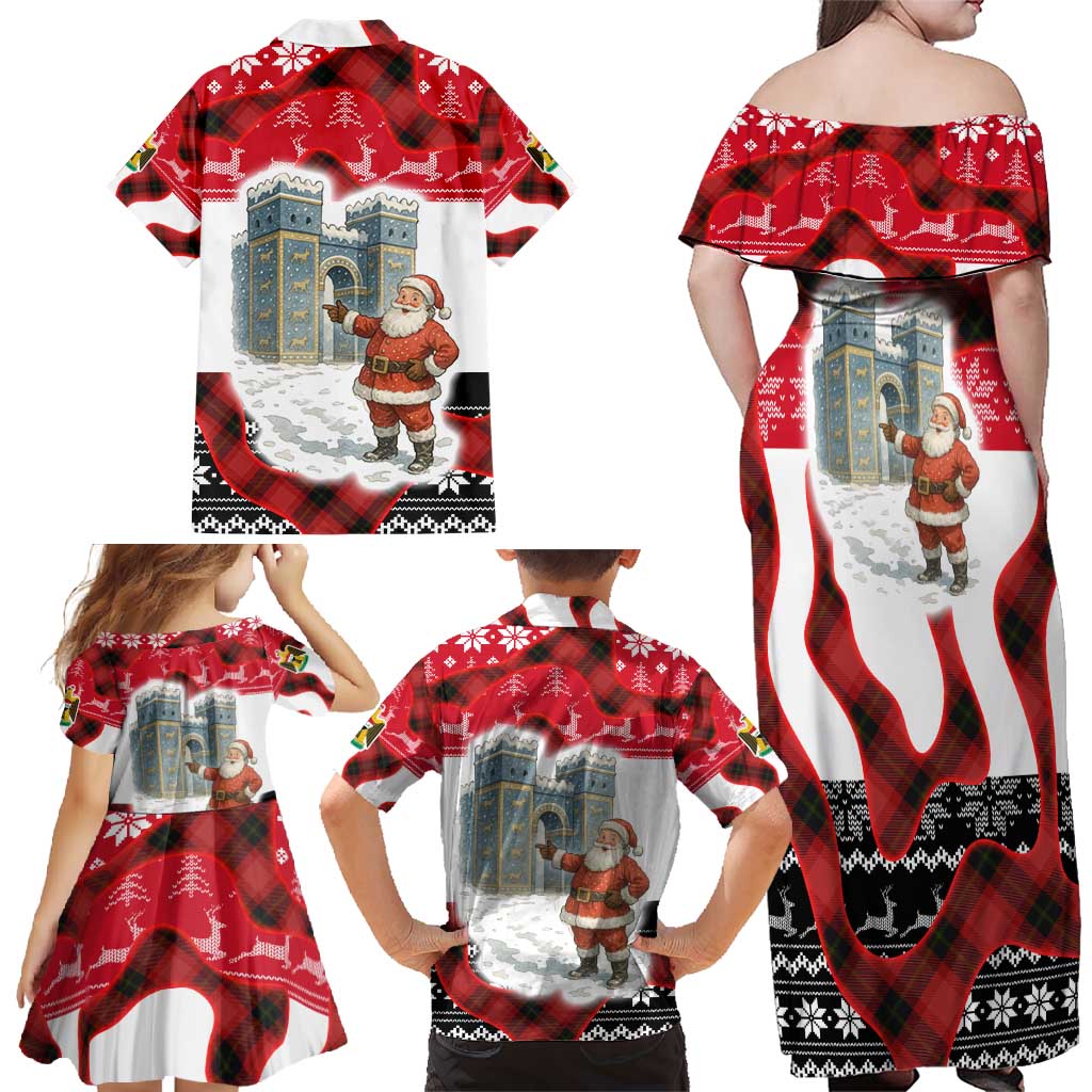 Iraq Christmas Family Matching Off Shoulder Maxi Dress and Hawaiian Shirt with Santa Ishtar Gate Red Plaid and Snowflake Reindeer Pattern - Wonder Print Shop