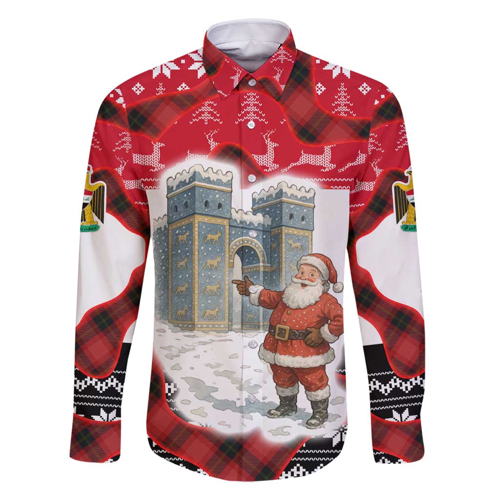 Iraq Christmas Family Matching Off Shoulder Maxi Dress and Hawaiian Shirt with Santa Ishtar Gate Red Plaid and Snowflake Reindeer Pattern - Wonder Print Shop