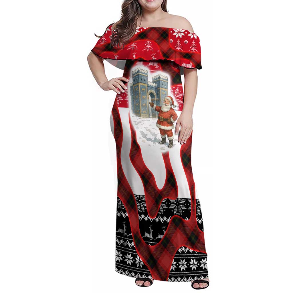 Iraq Christmas Family Matching Off Shoulder Maxi Dress and Hawaiian Shirt with Santa Ishtar Gate Red Plaid and Snowflake Reindeer Pattern - Wonder Print Shop