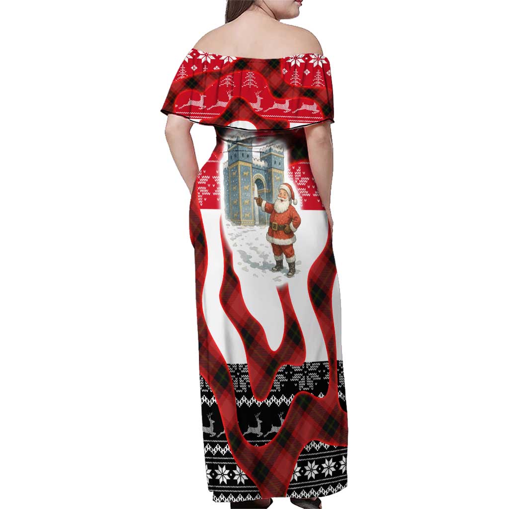 Iraq Christmas Family Matching Off Shoulder Maxi Dress and Hawaiian Shirt with Santa Ishtar Gate Red Plaid and Snowflake Reindeer Pattern - Wonder Print Shop