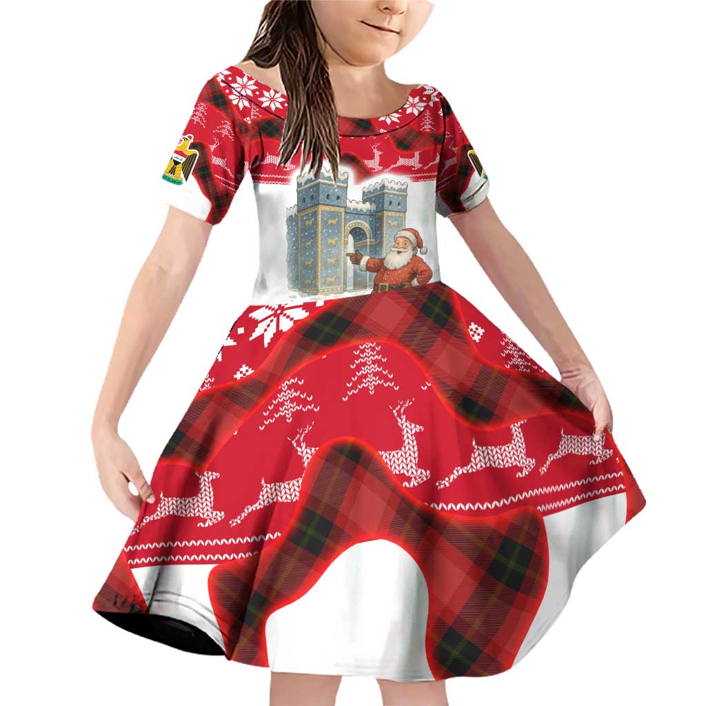 Iraq Christmas Family Matching Off Shoulder Short Dress and Hawaiian Shirt with Santa Ishtar Gate Red Plaid and Snowflake Reindeer Pattern - Wonder Print Shop