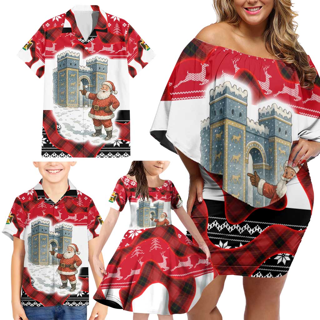 Iraq Christmas Family Matching Off Shoulder Short Dress and Hawaiian Shirt with Santa Ishtar Gate Red Plaid and Snowflake Reindeer Pattern - Wonder Print Shop