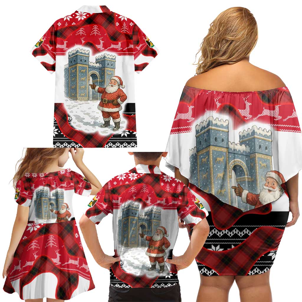 Iraq Christmas Family Matching Off Shoulder Short Dress and Hawaiian Shirt with Santa Ishtar Gate Red Plaid and Snowflake Reindeer Pattern - Wonder Print Shop