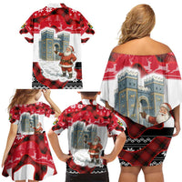 Iraq Christmas Family Matching Off Shoulder Short Dress and Hawaiian Shirt with Santa Ishtar Gate Red Plaid and Snowflake Reindeer Pattern - Wonder Print Shop