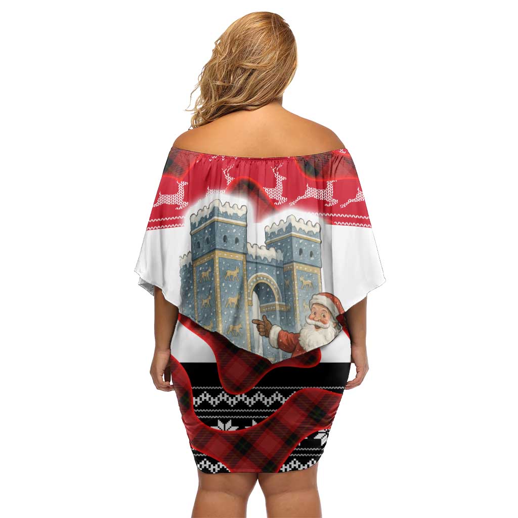 Iraq Christmas Family Matching Off Shoulder Short Dress and Hawaiian Shirt with Santa Ishtar Gate Red Plaid and Snowflake Reindeer Pattern - Wonder Print Shop