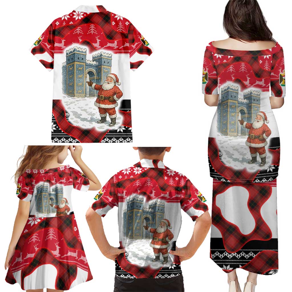 Iraq Christmas Family Matching Puletasi and Hawaiian Shirt with Santa Ishtar Gate Red Plaid and Snowflake Reindeer Pattern - Wonder Print Shop