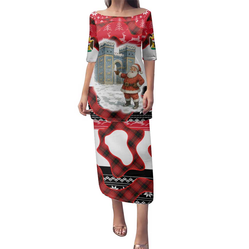 Iraq Christmas Family Matching Puletasi and Hawaiian Shirt with Santa Ishtar Gate Red Plaid and Snowflake Reindeer Pattern - Wonder Print Shop