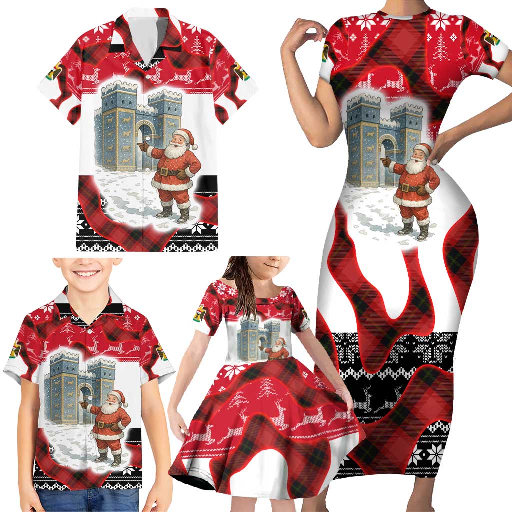 Iraq Christmas Family Matching Short Sleeve Bodycon Dress and Hawaiian Shirt with Santa Ishtar Gate Red Plaid and Snowflake Reindeer Pattern - Wonder Print Shop