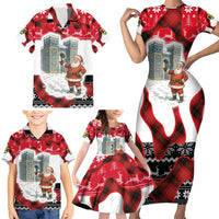 Iraq Christmas Family Matching Short Sleeve Bodycon Dress and Hawaiian Shirt with Santa Ishtar Gate Red Plaid and Snowflake Reindeer Pattern - Wonder Print Shop