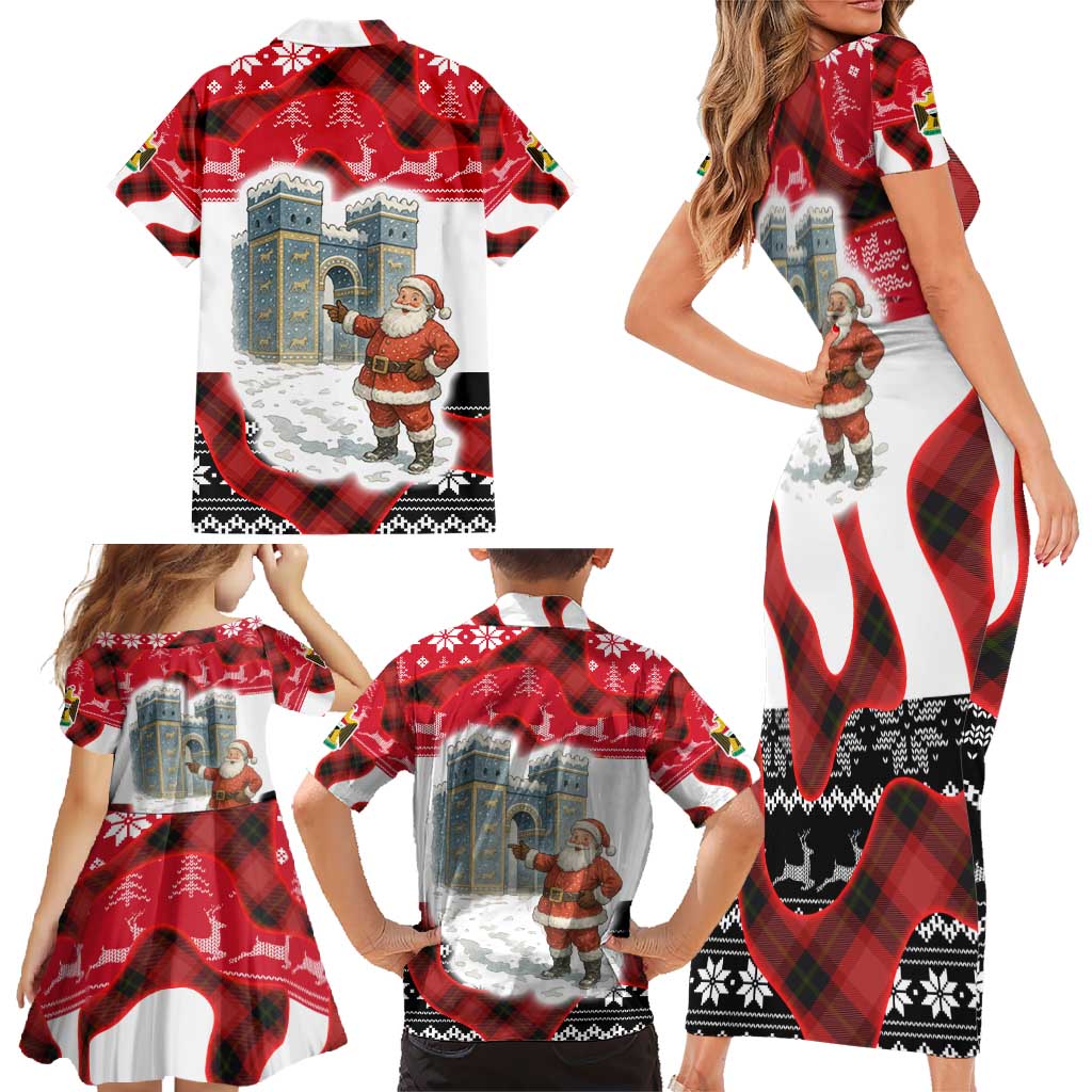 Iraq Christmas Family Matching Short Sleeve Bodycon Dress and Hawaiian Shirt with Santa Ishtar Gate Red Plaid and Snowflake Reindeer Pattern - Wonder Print Shop