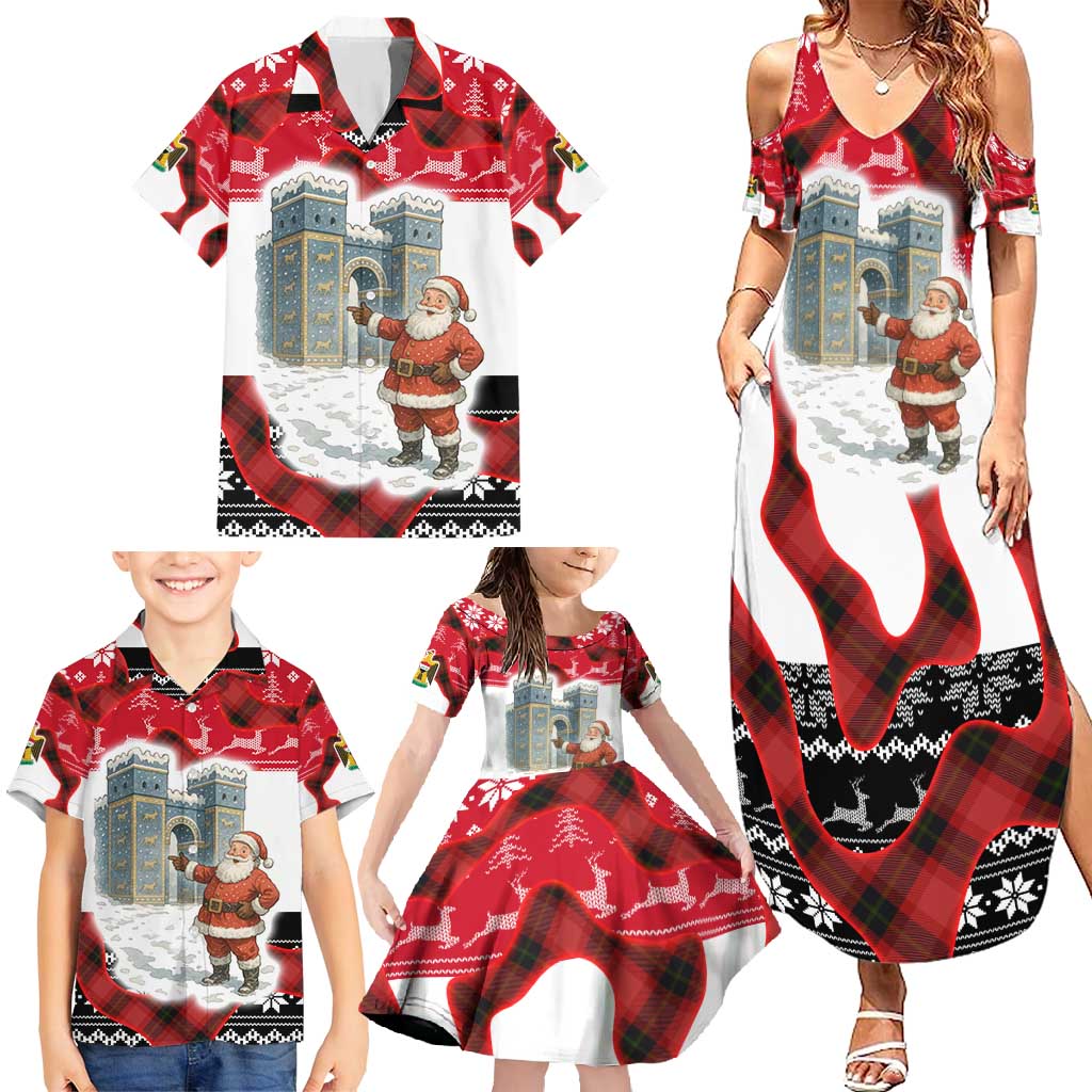 Iraq Christmas Family Matching Summer Maxi Dress and Hawaiian Shirt with Santa Ishtar Gate Red Plaid and Snowflake Reindeer Pattern - Wonder Print Shop