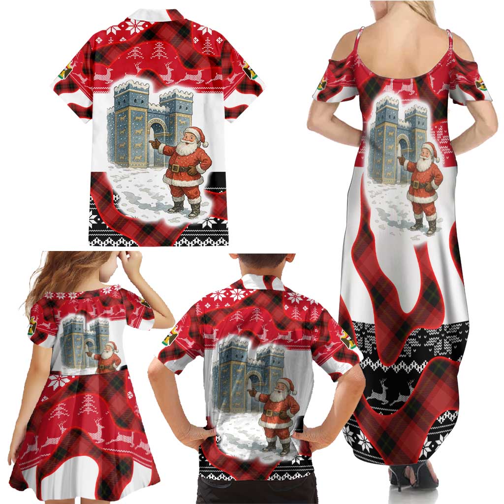 Iraq Christmas Family Matching Summer Maxi Dress and Hawaiian Shirt with Santa Ishtar Gate Red Plaid and Snowflake Reindeer Pattern - Wonder Print Shop
