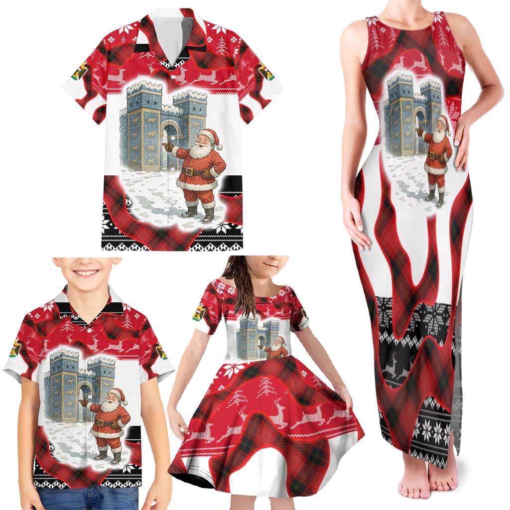 Iraq Christmas Family Matching Tank Maxi Dress and Hawaiian Shirt with Santa Ishtar Gate Red Plaid and Snowflake Reindeer Pattern - Wonder Print Shop