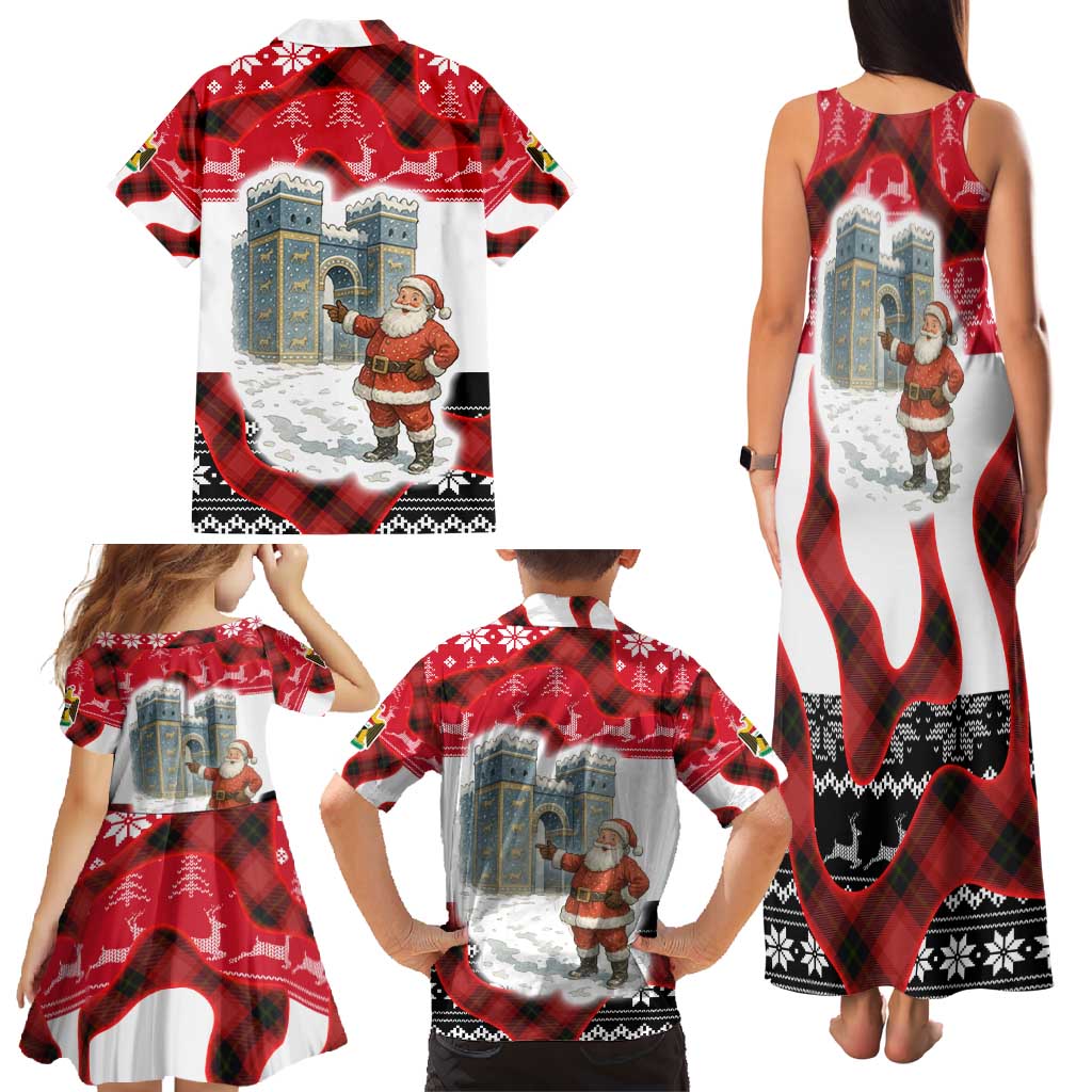 Iraq Christmas Family Matching Tank Maxi Dress and Hawaiian Shirt with Santa Ishtar Gate Red Plaid and Snowflake Reindeer Pattern - Wonder Print Shop