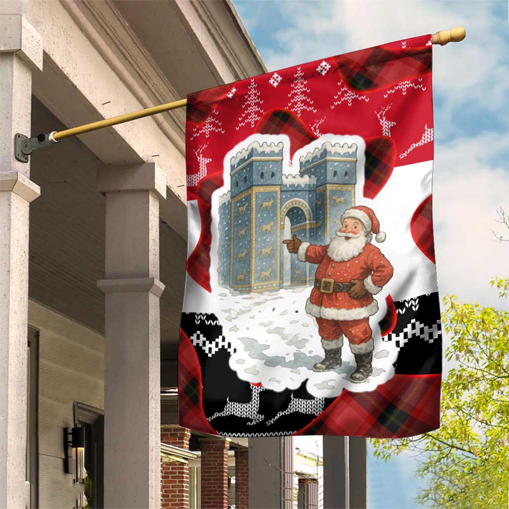 Iraq Christmas Garden Flag with Santa Ishtar Gate Red Plaid and Snowflake Reindeer Pattern - Wonder Print Shop