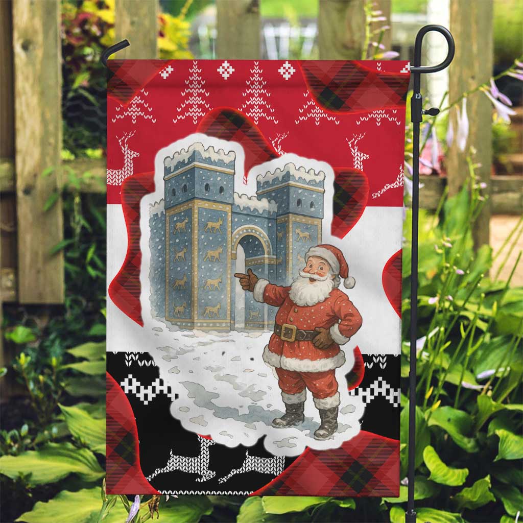 Iraq Christmas Garden Flag with Santa Ishtar Gate Red Plaid and Snowflake Reindeer Pattern - Wonder Print Shop