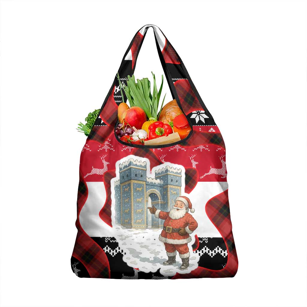 Iraq Christmas Grocery Bag with Santa Ishtar Gate Red Plaid and Snowflake Reindeer Pattern - Wonder Print Shop