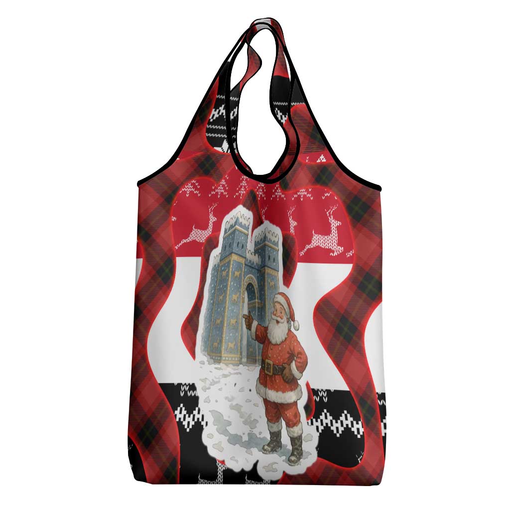 Iraq Christmas Grocery Bag with Santa Ishtar Gate Red Plaid and Snowflake Reindeer Pattern - Wonder Print Shop