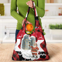 Iraq Christmas Grocery Bag with Santa Ishtar Gate Red Plaid and Snowflake Reindeer Pattern - Wonder Print Shop