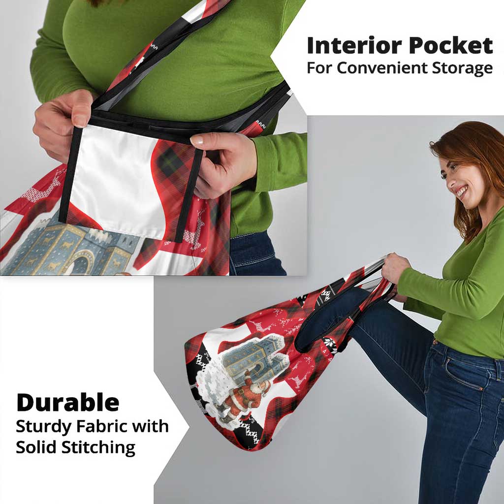 Iraq Christmas Grocery Bag with Santa Ishtar Gate Red Plaid and Snowflake Reindeer Pattern - Wonder Print Shop