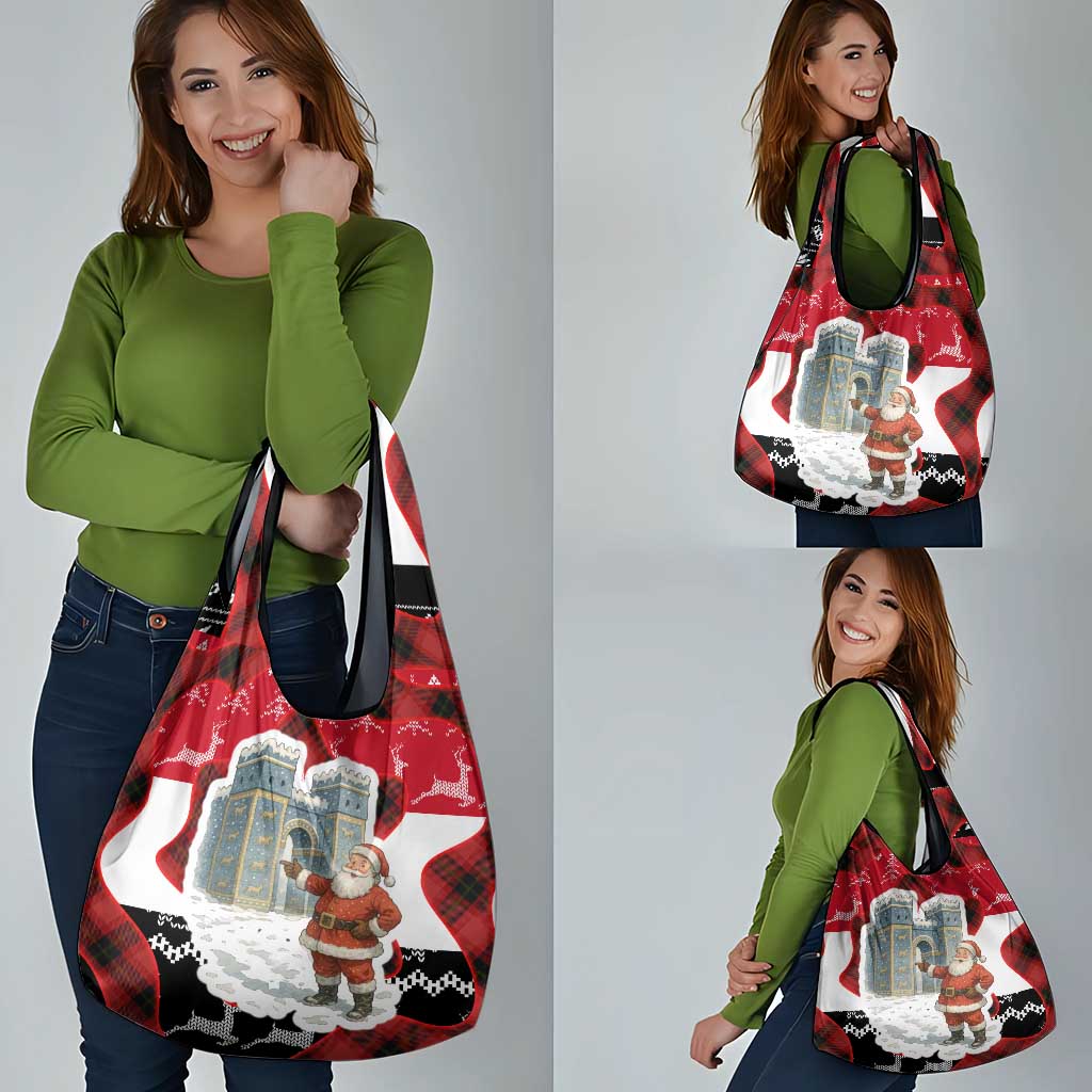 Iraq Christmas Grocery Bag with Santa Ishtar Gate Red Plaid and Snowflake Reindeer Pattern - Wonder Print Shop