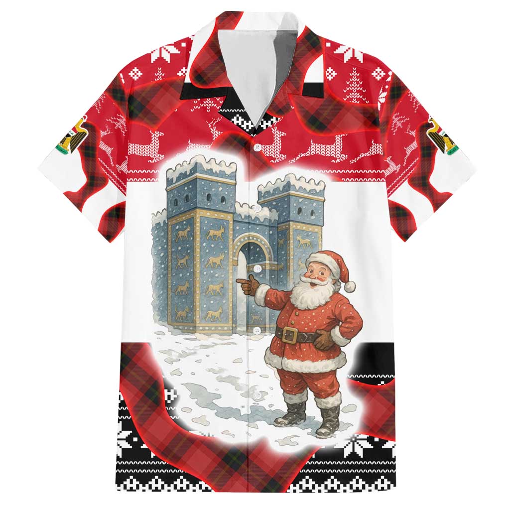 Iraq Christmas Hawaiian Shirt with Santa Ishtar Gate Red Plaid and Snowflake Reindeer Pattern - Wonder Print Shop