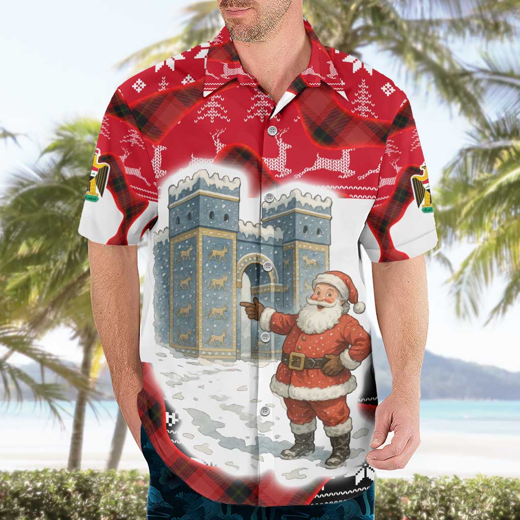 Iraq Christmas Hawaiian Shirt with Santa Ishtar Gate Red Plaid and Snowflake Reindeer Pattern - Wonder Print Shop
