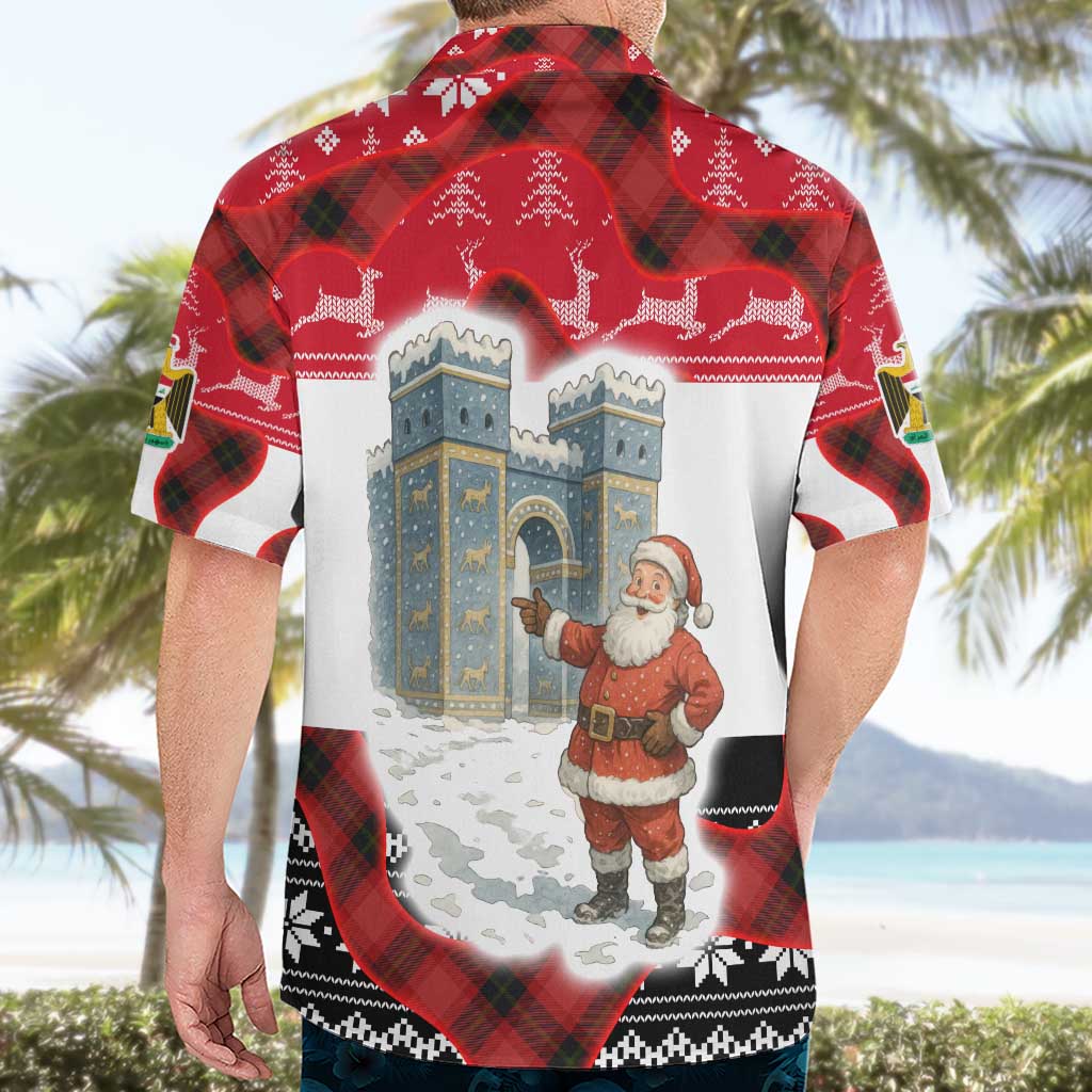 Iraq Christmas Hawaiian Shirt with Santa Ishtar Gate Red Plaid and Snowflake Reindeer Pattern - Wonder Print Shop