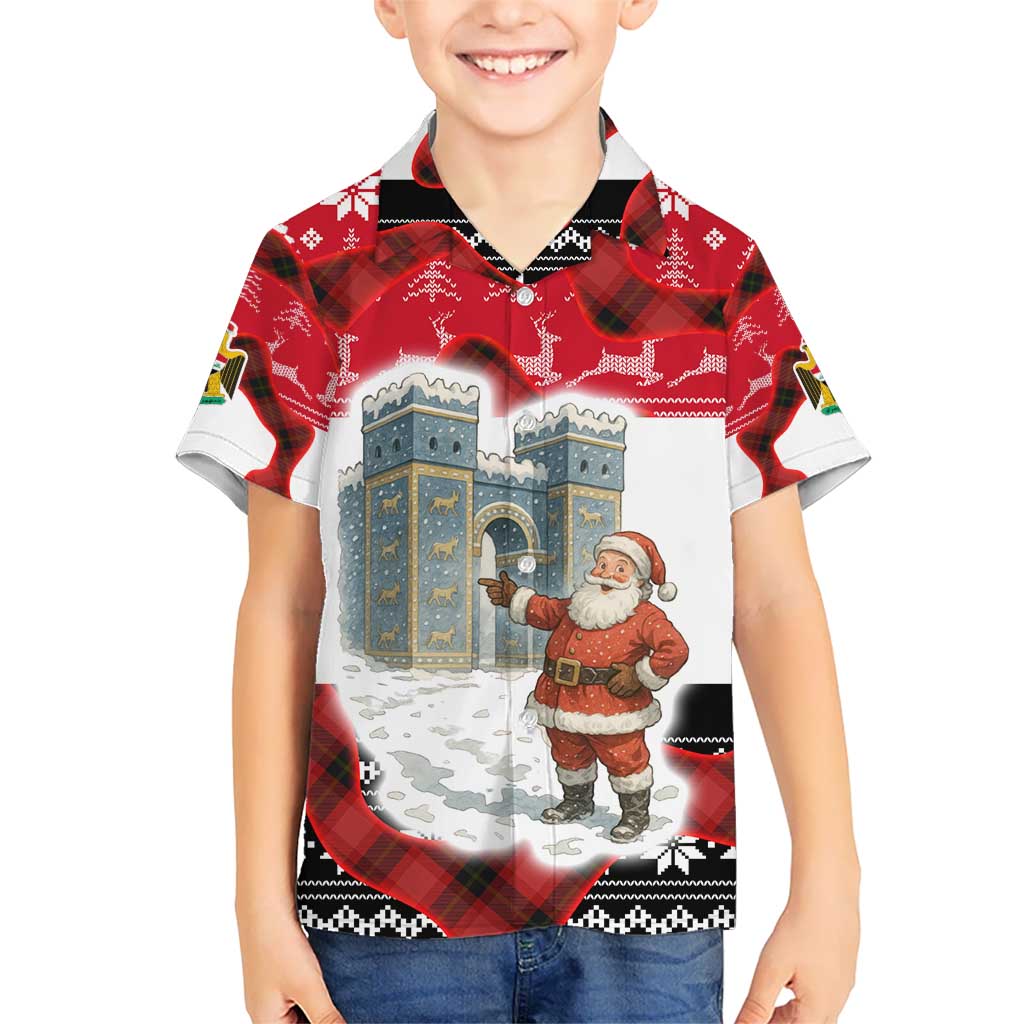 Iraq Christmas Hawaiian Shirt with Santa Ishtar Gate Red Plaid and Snowflake Reindeer Pattern - Wonder Print Shop