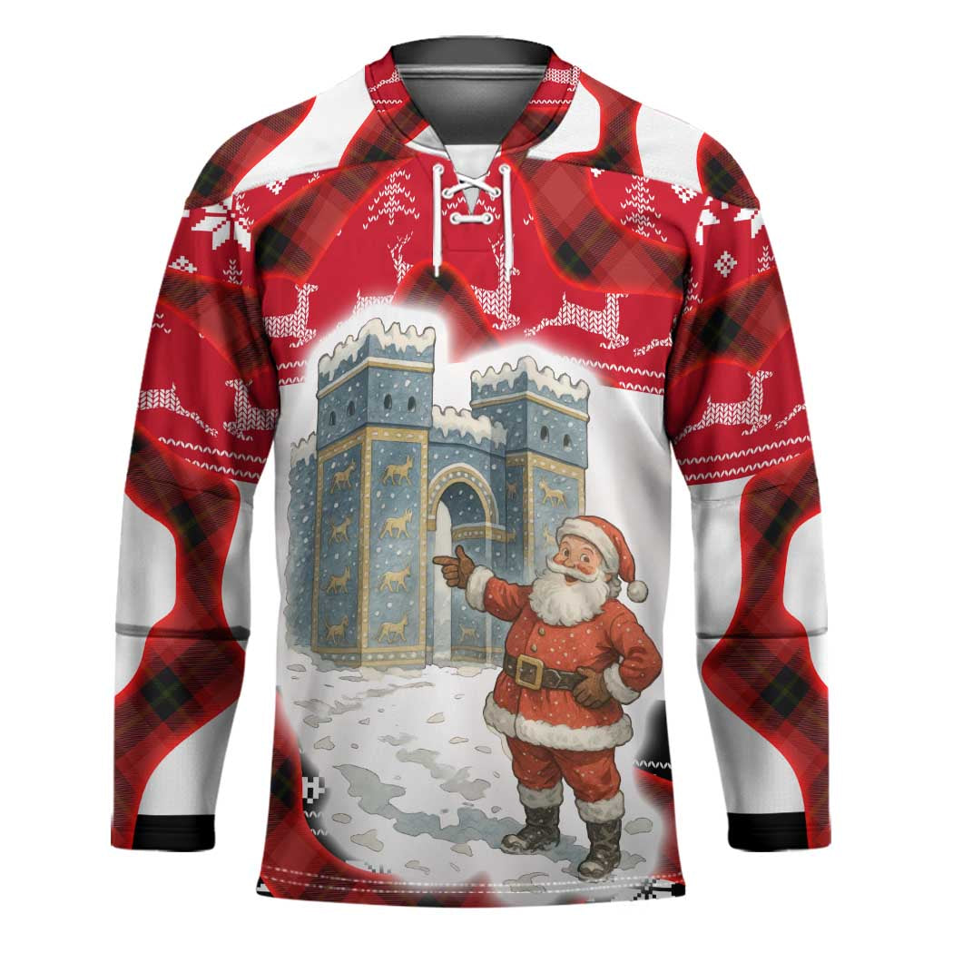 Iraq Christmas Hockey Jersey with Santa Ishtar Gate Red Plaid and Snowflake Reindeer Pattern - Wonder Print Shop