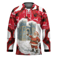 Iraq Christmas Hockey Jersey with Santa Ishtar Gate Red Plaid and Snowflake Reindeer Pattern - Wonder Print Shop