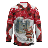 Iraq Christmas Hockey Jersey with Santa Ishtar Gate Red Plaid and Snowflake Reindeer Pattern - Wonder Print Shop