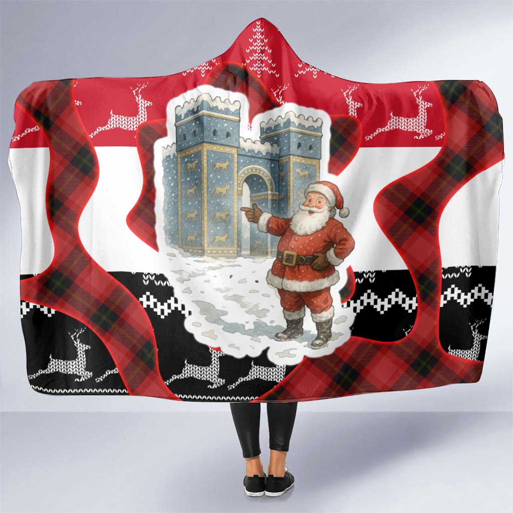 Iraq Christmas Hooded Blanket with Santa Ishtar Gate Red Plaid and Snowflake Reindeer Pattern - Wonder Print Shop