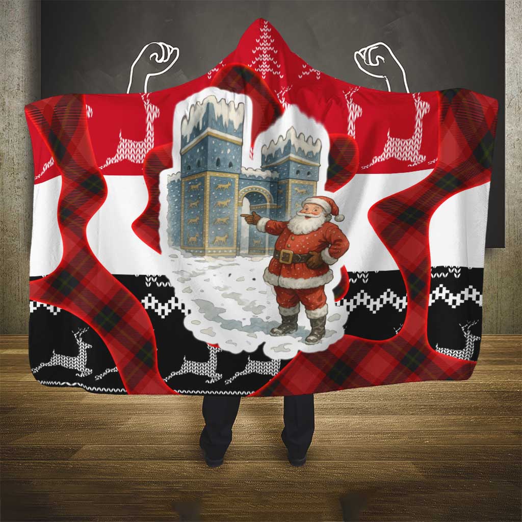 Iraq Christmas Hooded Blanket with Santa Ishtar Gate Red Plaid and Snowflake Reindeer Pattern - Wonder Print Shop