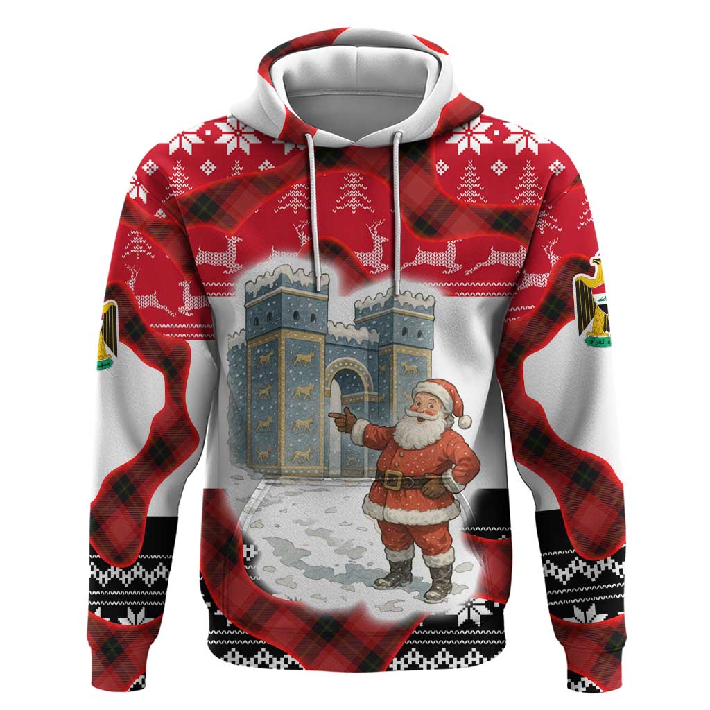 Iraq Christmas Hoodie with Santa Ishtar Gate Red Plaid and Snowflake Reindeer Pattern - Wonder Print Shop