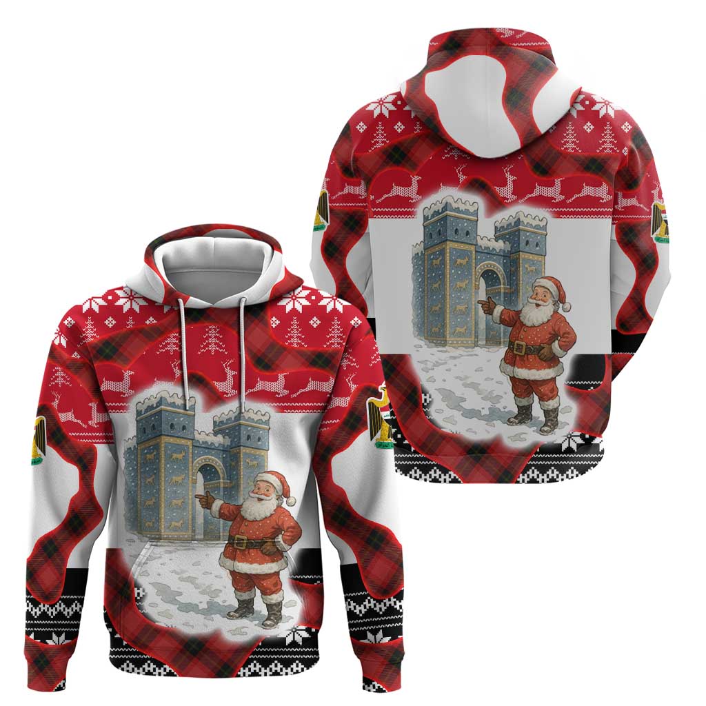 Iraq Christmas Hoodie with Santa Ishtar Gate Red Plaid and Snowflake Reindeer Pattern - Wonder Print Shop