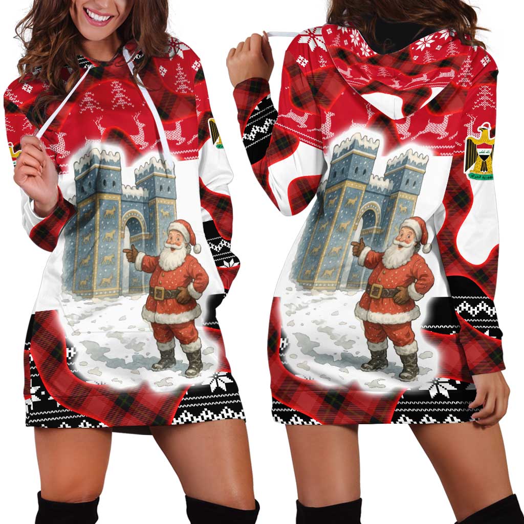 Iraq Christmas Hoodie Dress with Santa Ishtar Gate Red Plaid and Snowflake Reindeer Pattern - Wonder Print Shop