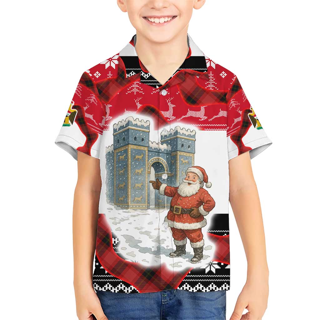 Iraq Christmas Kid Hawaiian Shirt with Santa Ishtar Gate Red Plaid and Snowflake Reindeer Pattern - Wonder Print Shop