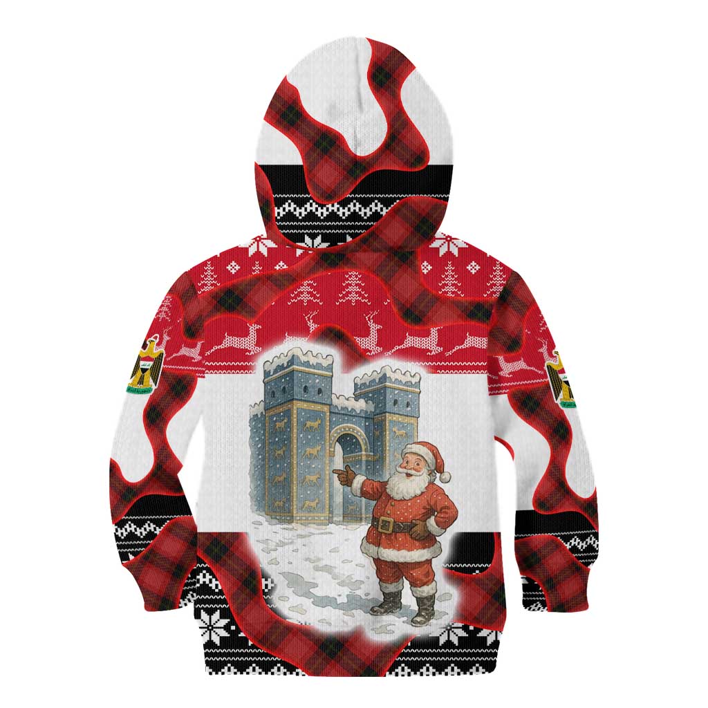 Iraq Christmas Kid Hoodie with Santa Ishtar Gate Red Plaid and Snowflake Reindeer Pattern - Wonder Print Shop