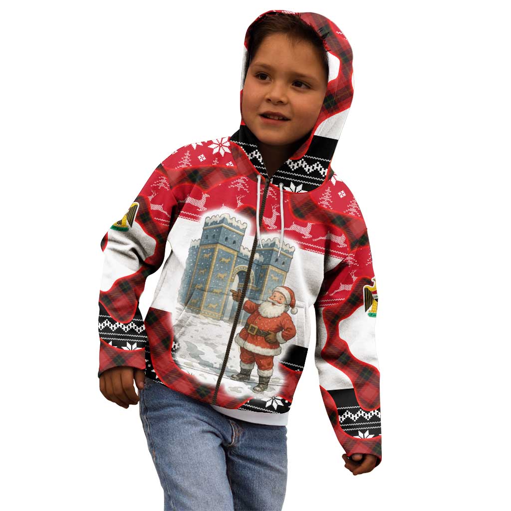 Iraq Christmas Kid Hoodie with Santa Ishtar Gate Red Plaid and Snowflake Reindeer Pattern - Wonder Print Shop