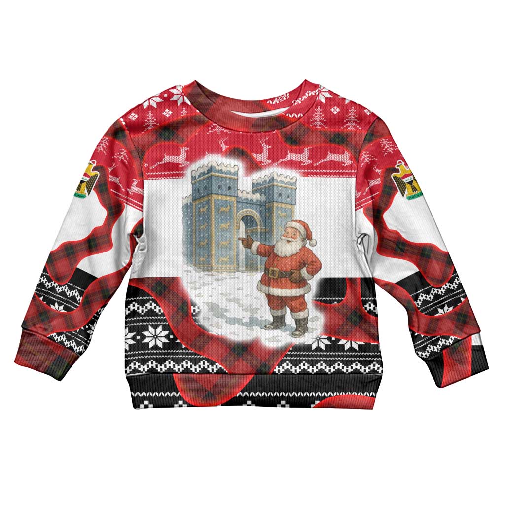 Iraq Christmas Kid Ugly Christmas Sweater with Santa Ishtar Gate Red Plaid and Snowflake Reindeer Pattern - Wonder Print Shop