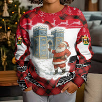 Iraq Christmas Kid Ugly Christmas Sweater with Santa Ishtar Gate Red Plaid and Snowflake Reindeer Pattern - Wonder Print Shop