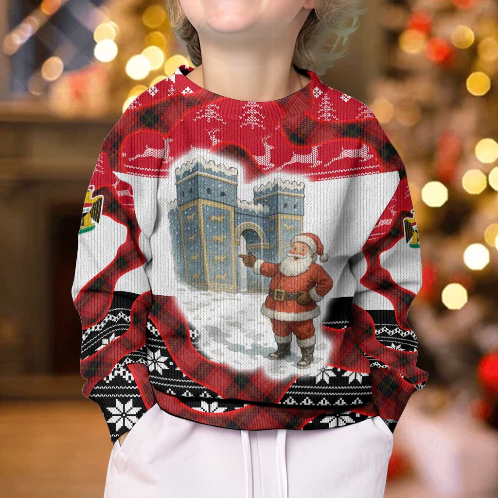 Iraq Christmas Kid Ugly Christmas Sweater with Santa Ishtar Gate Red Plaid and Snowflake Reindeer Pattern - Wonder Print Shop